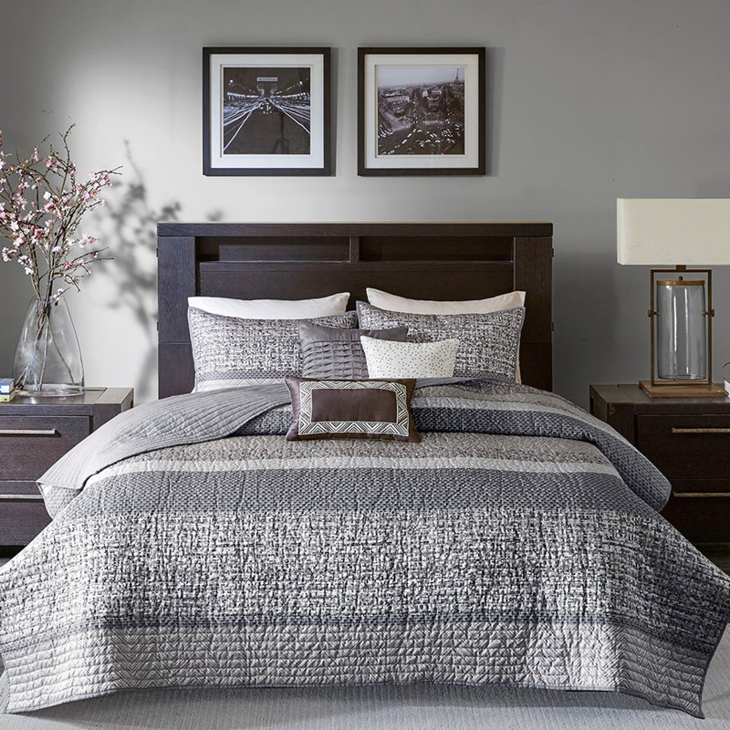 Courtepointe réversible 6 pièces pour très grand lit / très grand lit, gris / taupe, lavable à la machine avec coussins brodés et plissés, rembourrage de luxe, coussin décoratif