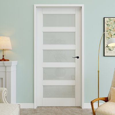 Porte pré-suspendue en verre givré 5-Lite 36 po x 80 po avec levier incurvé et charnières noires, dalle de porte d'intimité en verre, peint et imperméable, combinaison pour la lessive, portes de placard, portes de pièce, main gauche