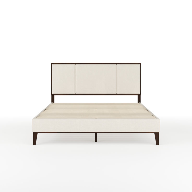 Queen Dark Brown and Beige Upholstered Wood Platform Bed