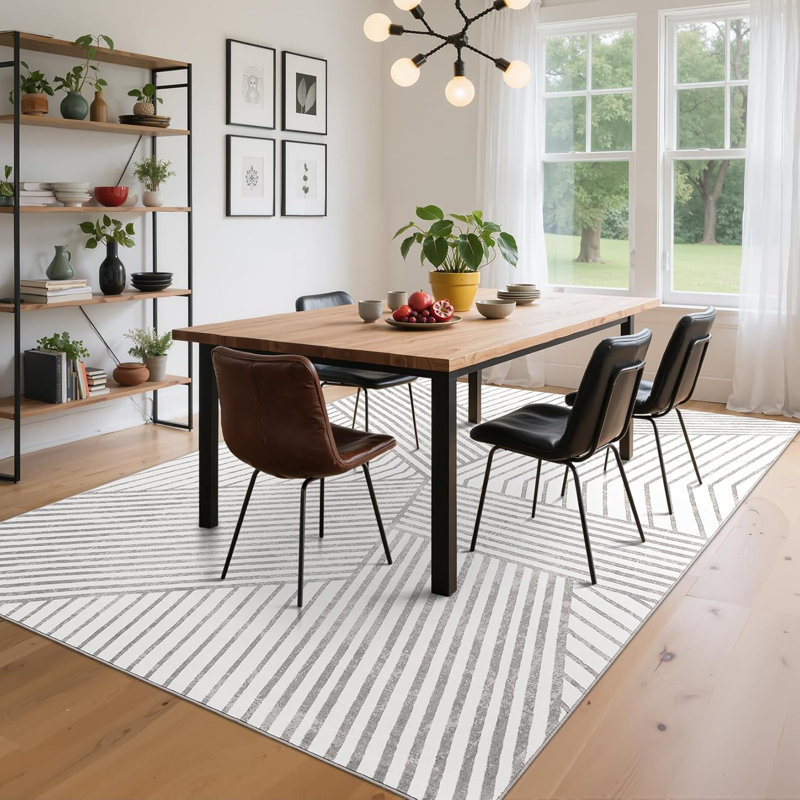 Modern Washable Striped Hallway Runner, Non-Slip, Low Pile, Farmhouse Rug for Kitchen & Laundry - Black, Rectangle 10' x 13'