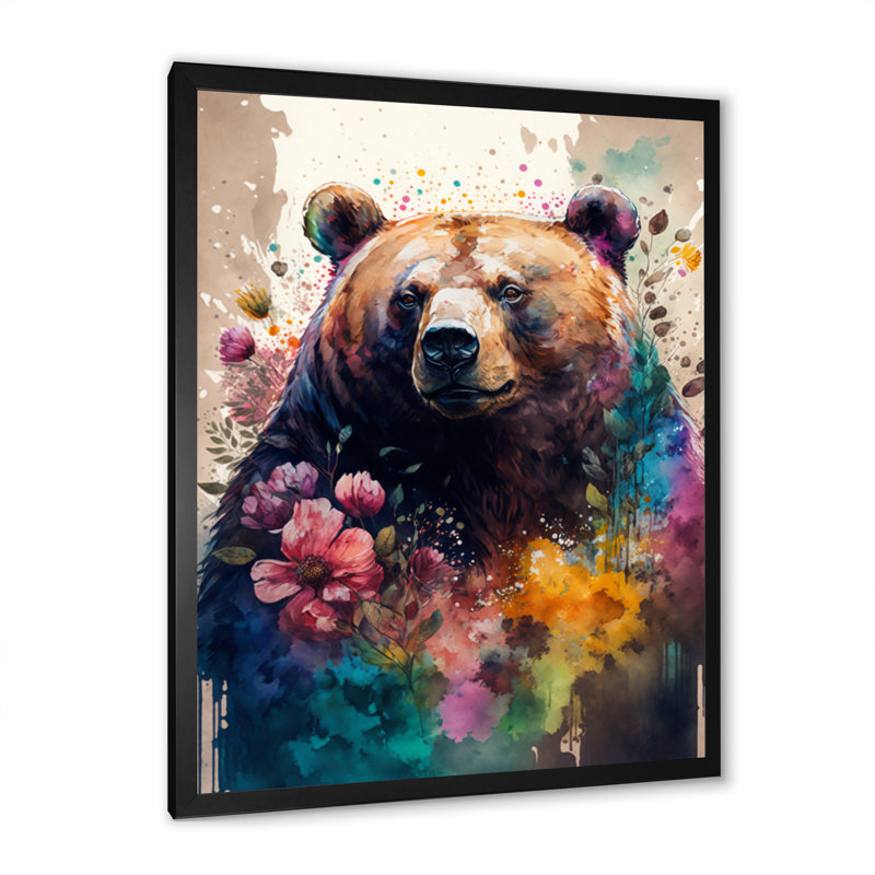 Ours mignon, art floral II - impression, H 40 po x l 30 po x P 1,5 po, Impression noire sur toile encadrée
