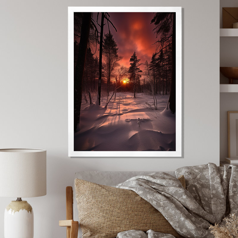 " Wintersun Shining Through Snowlit Trees ", 44" H x 34" W x 1.5" D, White Picture Framed