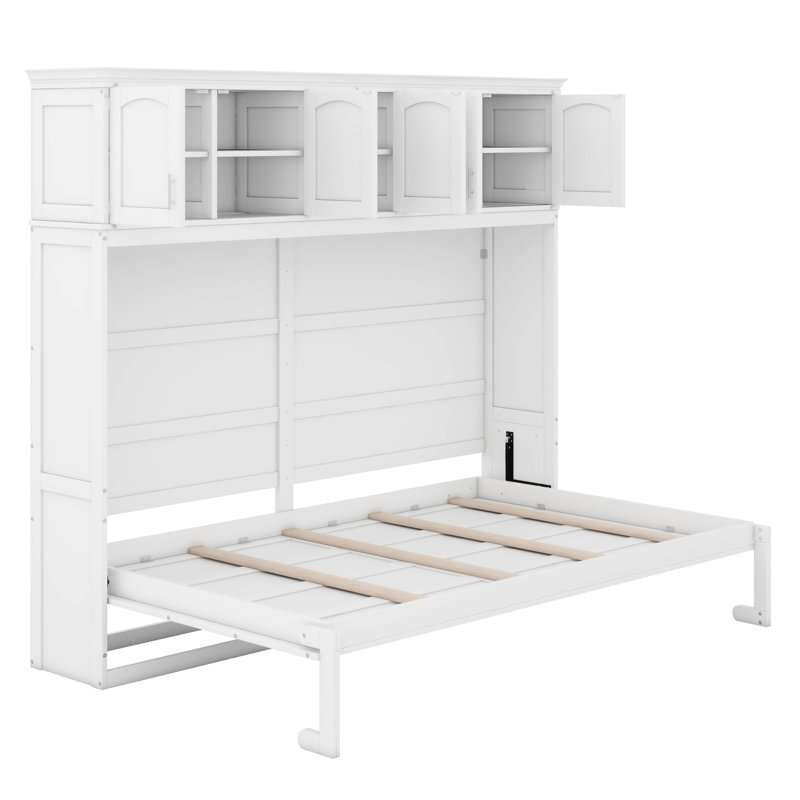 Lit escamotable avec armoires supérieures, Blanc, Grand lit