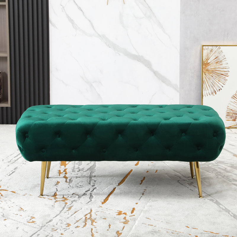 Banc en velours sans dossier avec capitonnage à boutons et pieds en métal doré - 50 po x 20,5 po 18 po, installation facile classique