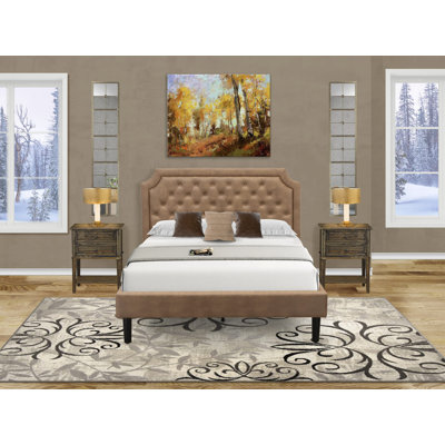 Grand lit Granbury - tête de lit tapissier texturée brune, pied de lit et rails en bois, lattes - base de lit moderne en bois à 9 pieds avec support complet - finition noire