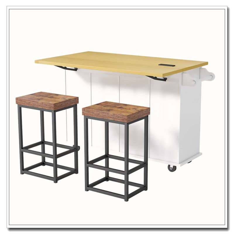 Farmhouse Kitchen Island on Wheels with Drop Leaf and 2 Seatings, Kitchen Cart Set with Storage Cabinet, Drawers, Door Shelves and Power Outlet