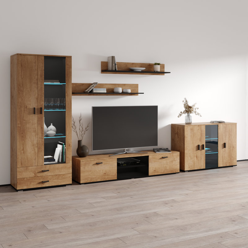 Sabala 150" Modern Entertainment Center with 16-Color LED Lighting, High Gloss Finish, Media Storage, Oak