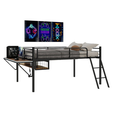 Lit mezzanine en métal de taille COMPLÈTE avec bureau intégré et bande lumineuse à DEL, cadre de lit mezzanine noir avec garde-corps de sécurité, échelle inclinée et espace de rangement sous le lit, aucun sommier nécessaire pour la chambre des enfants / adolescents