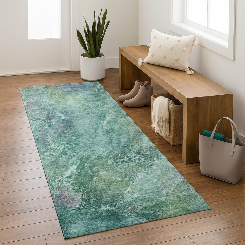 Premium Machine Washable Mayfield AMF2308 Abstract Rug, 2'3" x 7'6" Runner, Teal