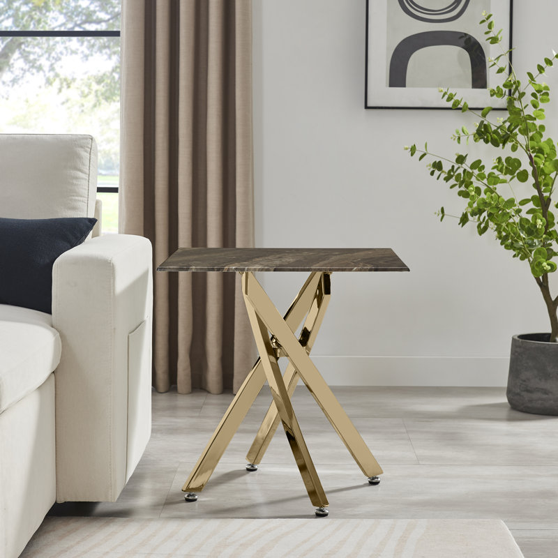 Atal Marble Effect Sofa Side Table - Glass Topped Metal Leg Small Table, Gold Chrome Metal, Grey Marble Effect