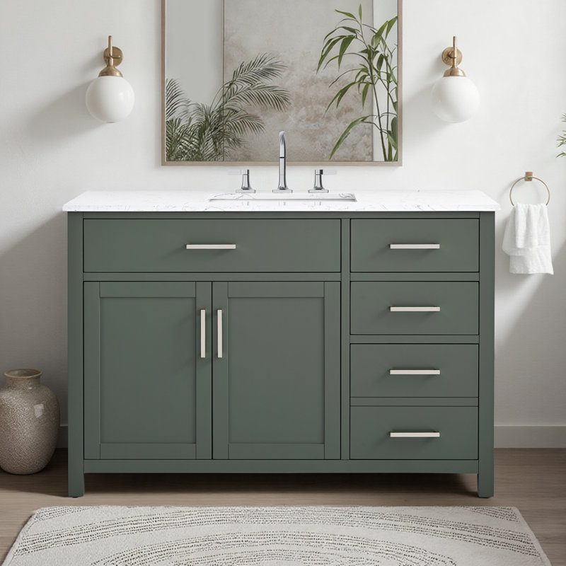 Ensemble de meuble-lavabo simple 48 po avec plateau en marbre Tremolo, Vert rétro / nickel poli
