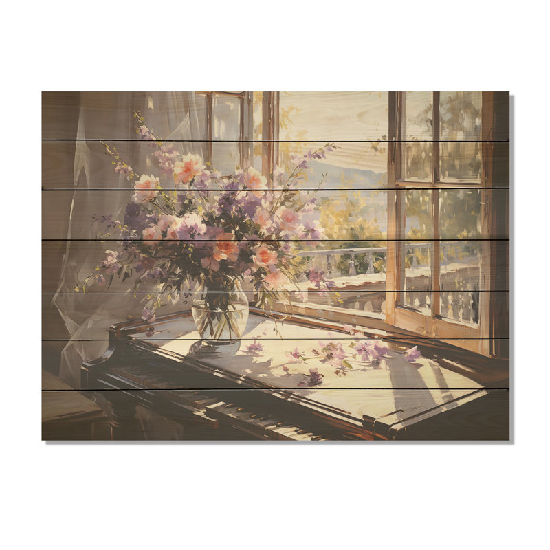 Piano Serenade, bouquet de fleurs mauves II - Fleurs sur bois, H 10 po x l 20 po x P 0,78 po