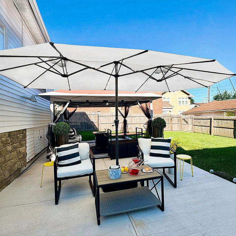 Table de jardin rectangulaire de 15 pi avec parasol rectangulaire blanc en aluminium, Blanc / Blanc