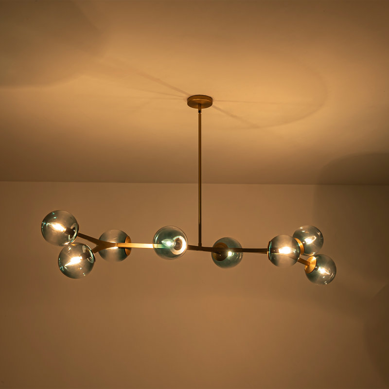 8-Light Sputnik Modern Linear Glass Bubble Chandelier, Blue, Brushed Gold