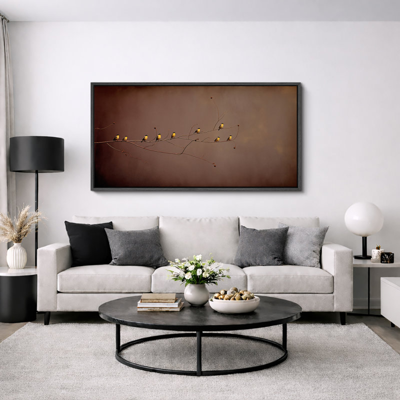 «Golden Birds on Branch Minimalist Nature», impression sur toile encadrée, H 30 po x l 60 po, Noir