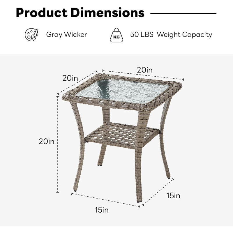 Handwoven Wicker Side Table - Small Outdoor Side Table 2 Tier Storage Patio Side Table With Tempered Glass Top, All Weather Outdoor End Table For Deck Balcony Outside