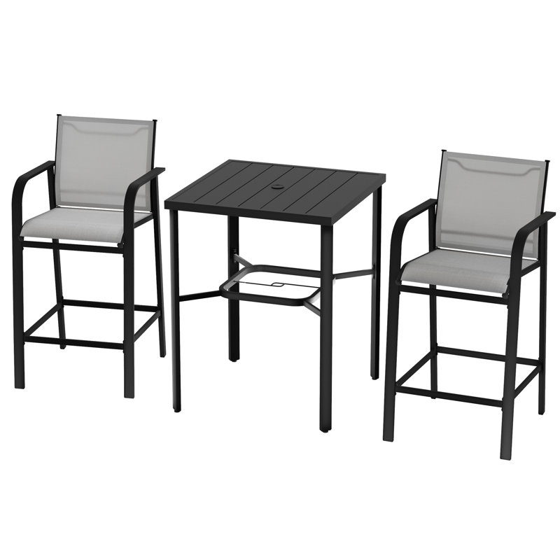 Patio 3-piece Bar Set With Umbrella Hole, PVC-coated polyester Bar Stools