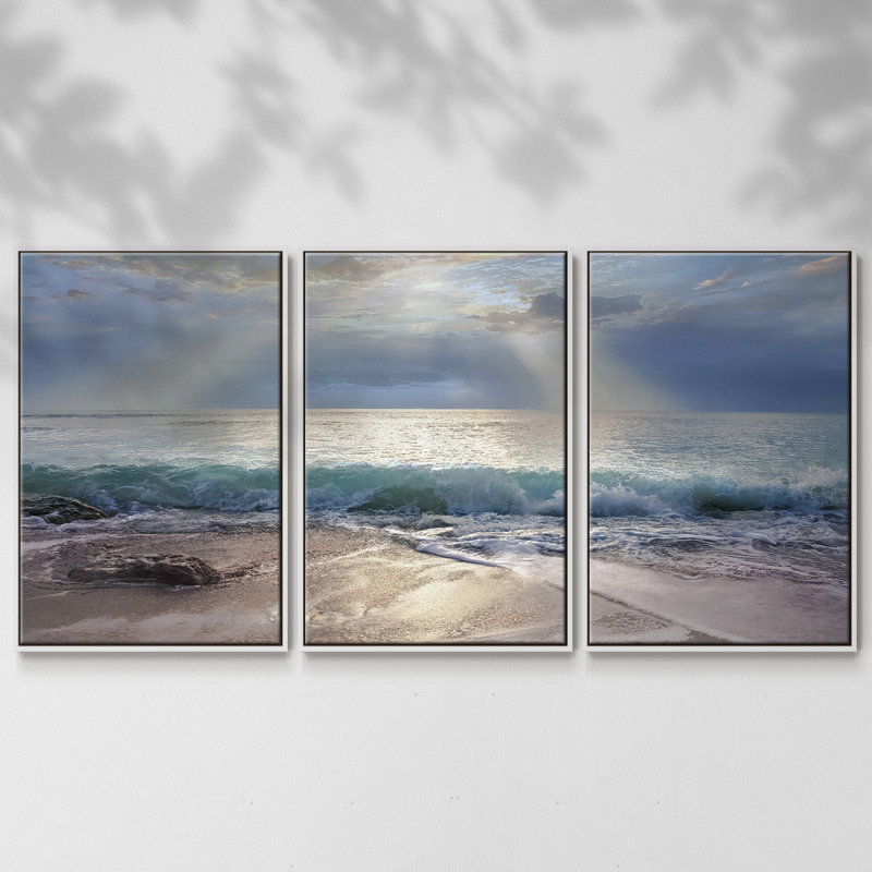 «Aqua Blue Morning», peinture sur toile 3 pièces, H 40 po x l 78 po, Cadre blanc