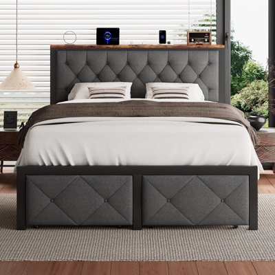 Bed Frame With 2 Drawers, Metal Platform Bed With Charging Station And Linen Fabric Storage Headboard Strong Metal Slats