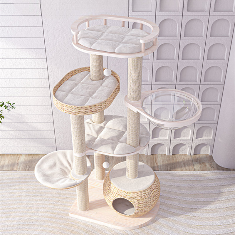 55.5" Whispering Hollow Cat Tree with 3 Scratchers and 5 Perches, Woven Wood & Modern Design for Multi-Cat Households