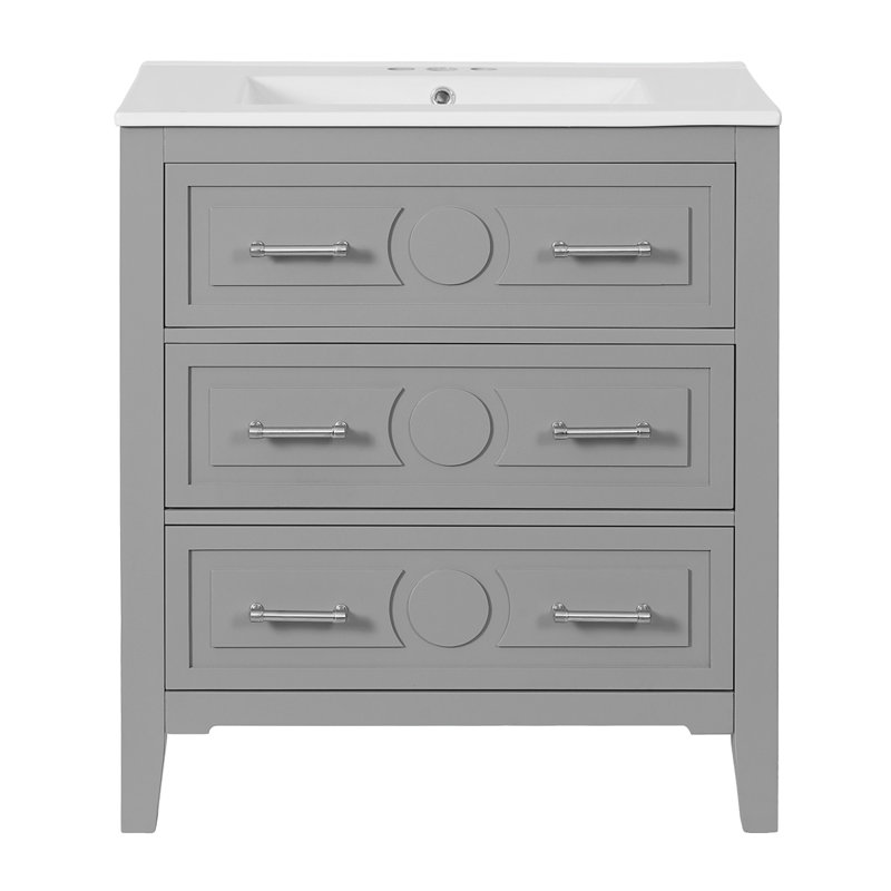 Ensemble de meuble-lavabo simple 30 po avec 3 tiroirs, meuble-lavabo autoportant avec cadre en bois massif 30 po, Gris