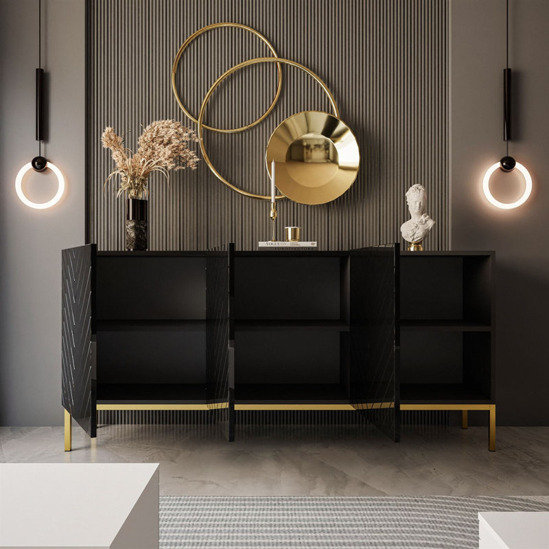 Sideboard SANTILE on golden legs, high gloss, Black