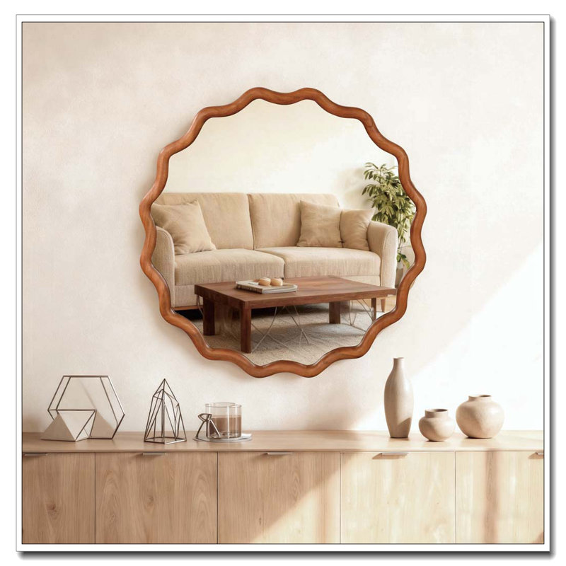 Miroir décoratif rond en bois massif Wavy, Brun jaune, 30 po x 30 po