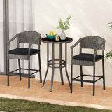 3-piece Patio Rattan Bar Set Wicker Bar Height Armchairs & Round Table 
