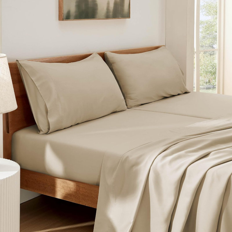 Essential Collection Cooling Rayon Derived from Bamboo Sheet Set, Beige, Split King Sheet Set with 2 Pillowcases