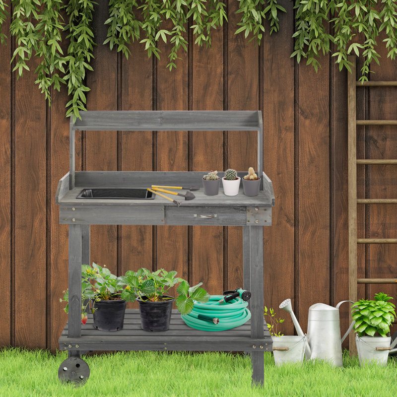 Banc de rempotage en bois gris 36 po avec 2 roues amovibles, évier, tiroir et espace de rangement spacieux - table de travail amovible, poste de travail de jardin