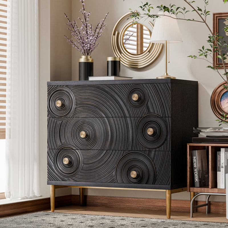 Black and Gold Embossed 3-Drawer Farmhouse Dresser