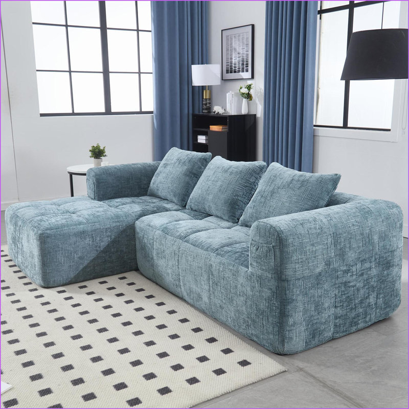 Canapé modulaire en L de 98,42 po avec méridienne et amp; Poches latérales, sans assemblage pour les salons | Chenille | Bleu menthe
