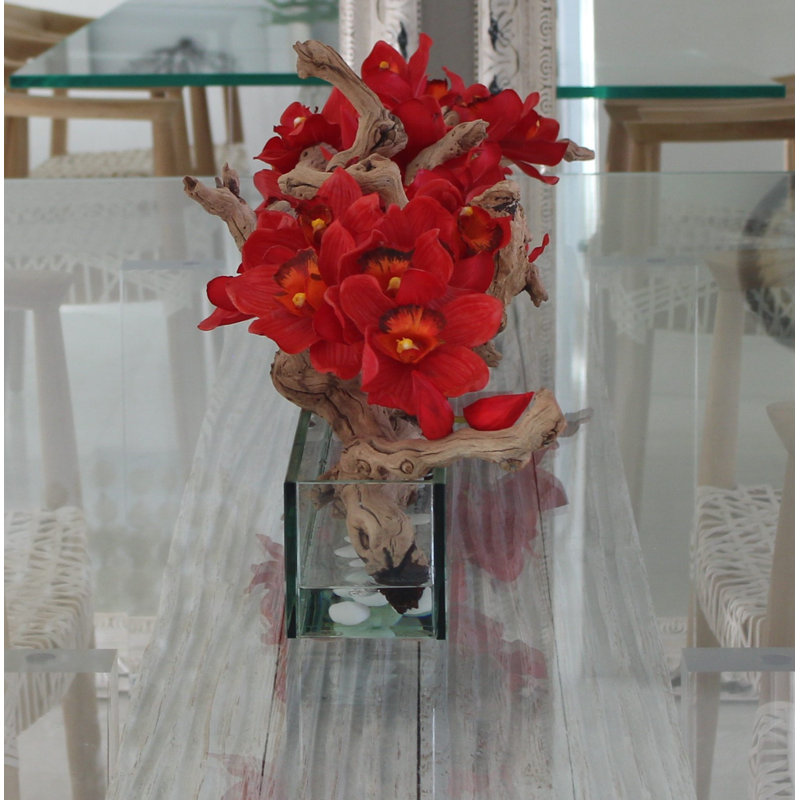 Driftwood Cymbidium Orchids Centerpiece in Glass Planter, 16" H x 24" W x 4" D, Red