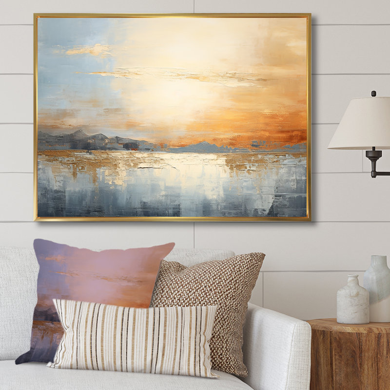 " Minimalism Beige And Gold Sunset ", 24" H x 32" W x 1" D, Gold Floater Framed