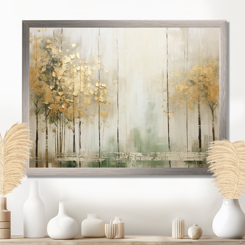 «Minimalisme beige et forêt dorée II», reproduction d'art sur toile, H 30 po x l 40 po x P 1,5 po, Cadre simple argenté