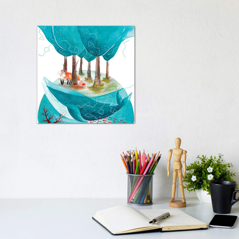 Renard et baleine II - impression, H 12 po x l 12 po x P 0,75 po, Toile tendue, Pas de tapis