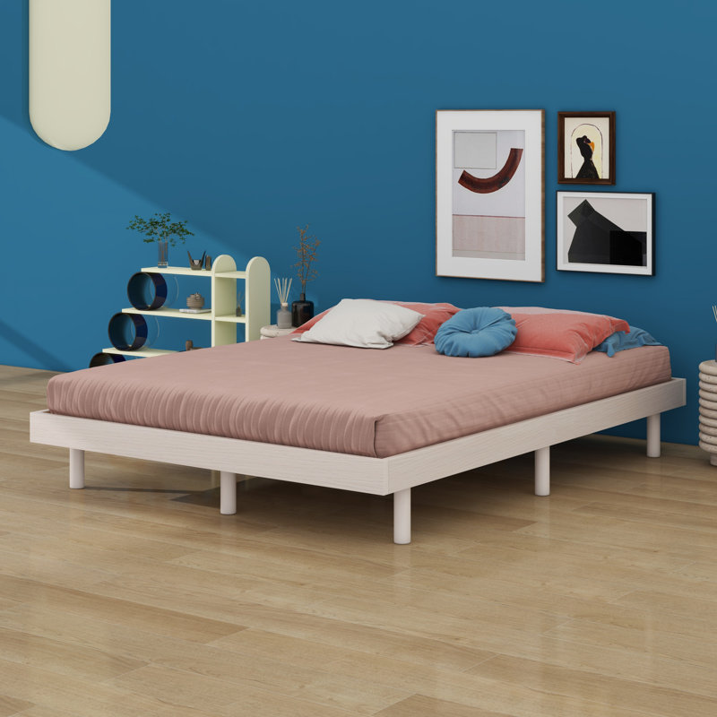 Modern Design Floating Platform Bed Frame, White Washed, Full