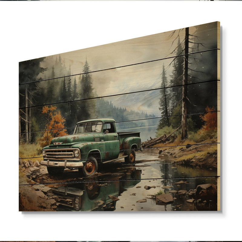 Camionnette Tranquil Lakeside I sur impression sur bois, H 24 po x l 32 po x P 0,78 po