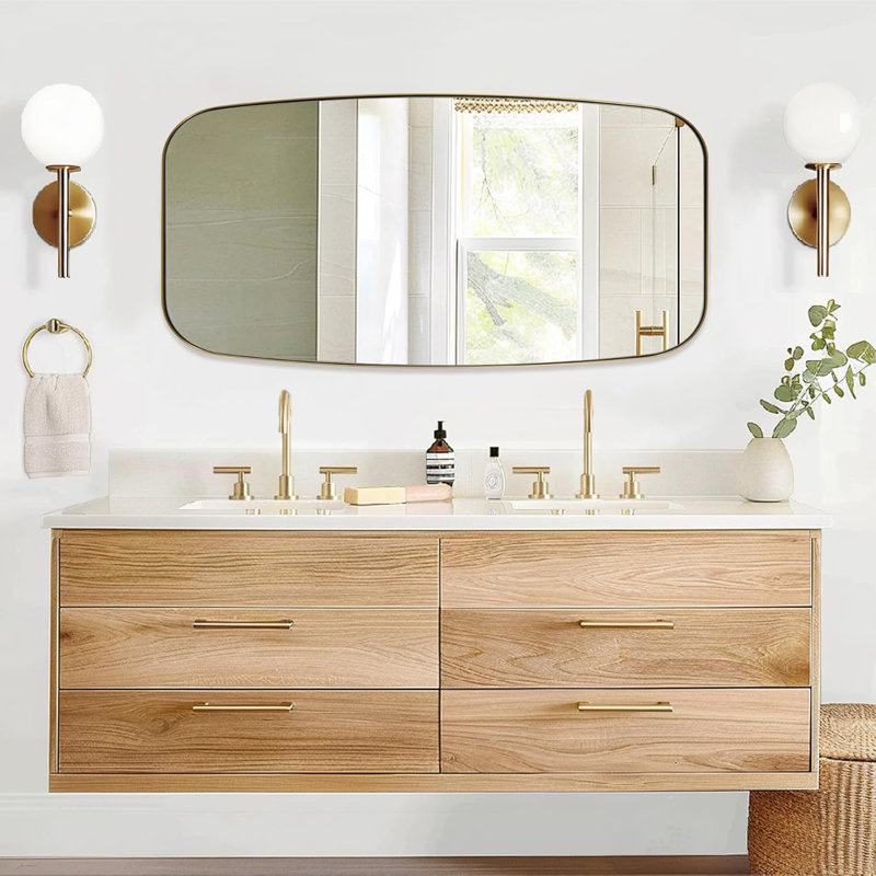 Miroir de salle de bain ovale moderne | Cadre en acier inoxydable, Or brossé, 48 po x 24 po