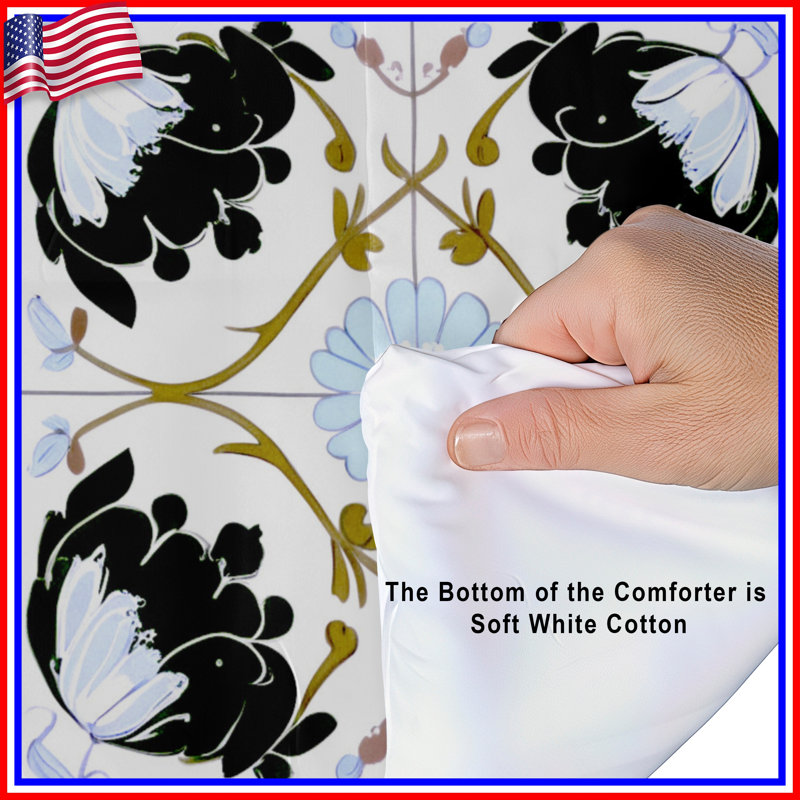 Floral Black White Motif Comforter, King
