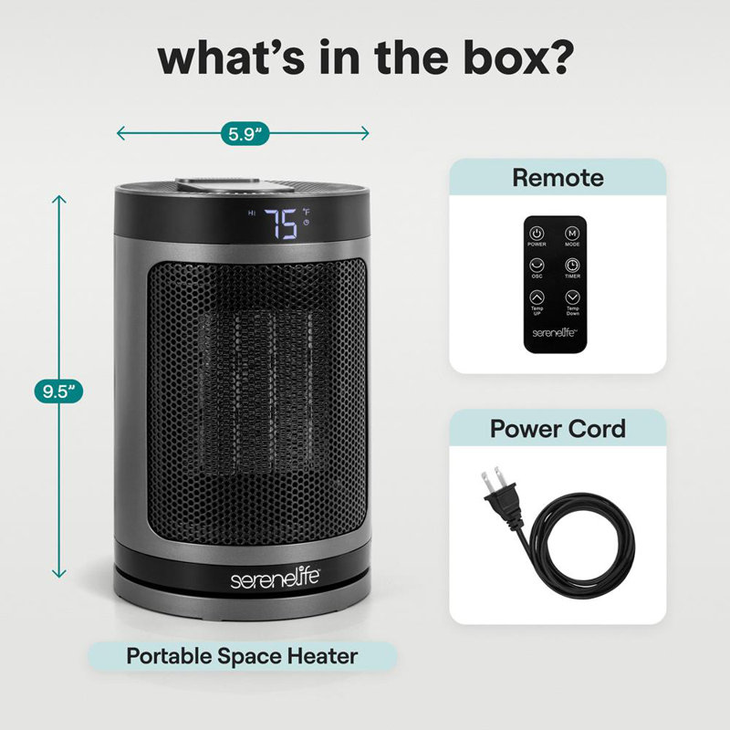 Serenelife Smart Space Heater – 1500W Indoor Electric Heater With Thermostat, Remote Control, 12-Hour Timer, Wi-Fi Enabled PTC Ceramic Heating For Home And Office, Gray (5.9" X 5.9" X 9.5")