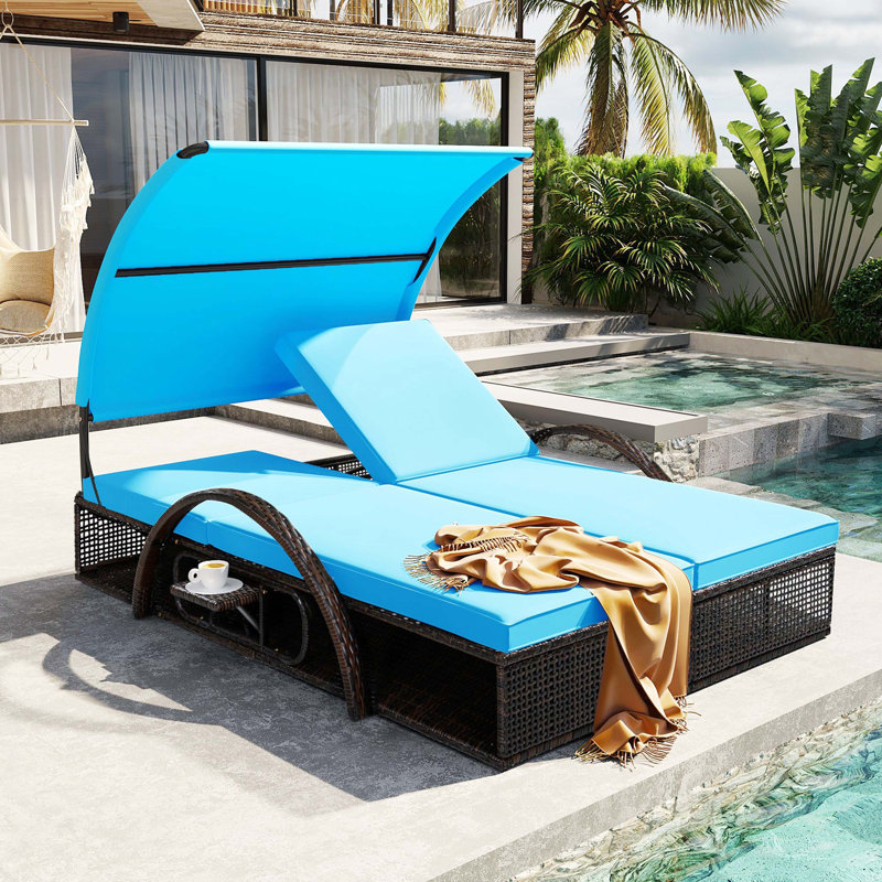Double Outdoor Sunbed With Steel Frame, Integrated Hidden Side Table, Arched Armrest, Adjustable Recline For Backyard & Patio