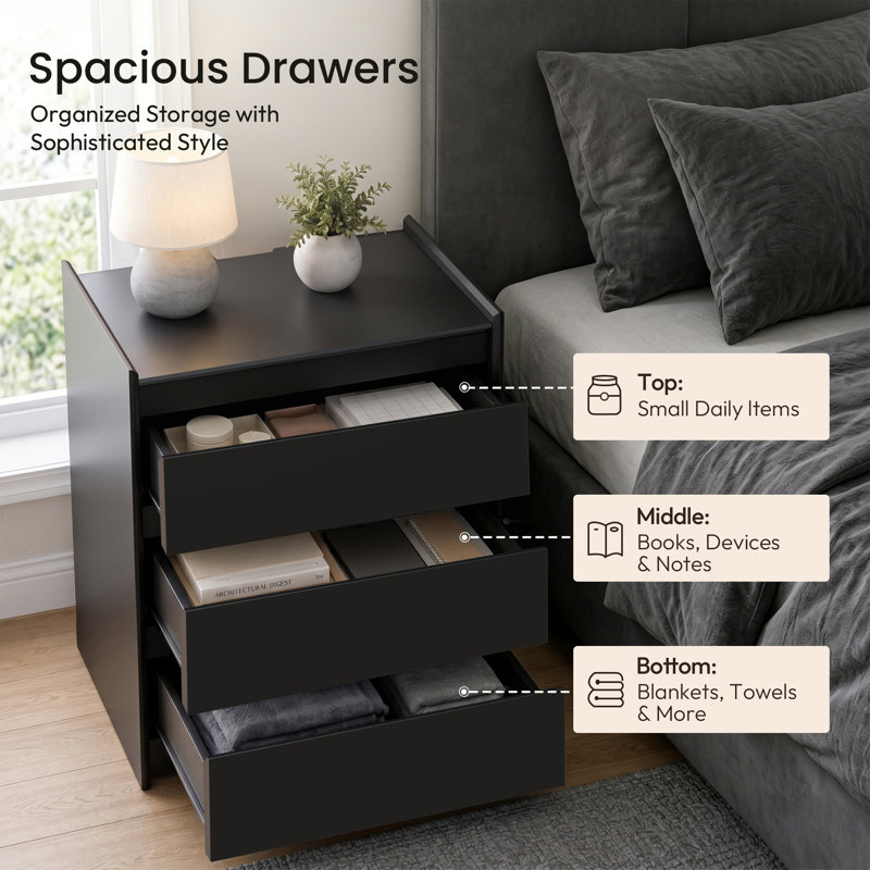 Modern Minimalist 20'' W 3-Drawer Nightstand with Hidden Charging Station, Black, Black, Individual