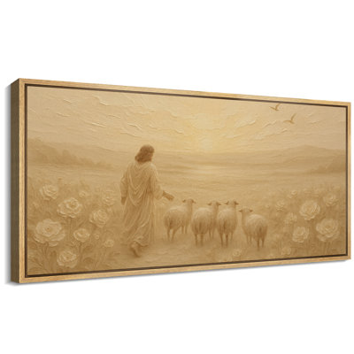 Jesus Gently Guiding His Sheep Through a Peaceful Neutral Landscape Extra Large Pictures Framed Canvas Print Wall Art