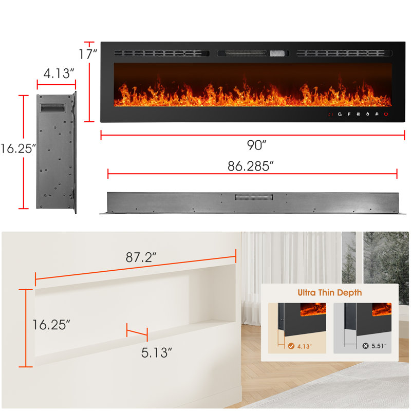 Electric Fireplace, Ultra-Thin Fireplace Recessed and Wall Mounted With Touch Screen Control Panel, 17" H x 90" W x 4.13" D