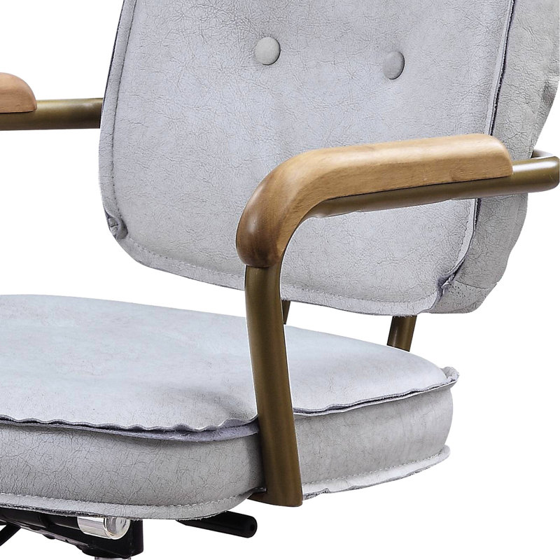 Fauteuil de bureau en cuir blanc - confortable et fonctionnel, pivotant à 360 degrés, hauteur réglable, base, gris antique et option d'espace de travail, look professionnel rétro, coussin de 3 po, mousse D6,5