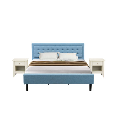 2-Piece Fannin Bed Set with 1 King Frame and a Wire Brushed Butter Cream Mid-Century Modern Nightstand - Reliable and Sturdy Construction - Denim Blue Linen Fabric Bed