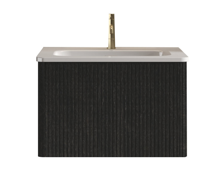 Meuble-lavabo flottant rayé en chêne noir brossé de 24 po avec lavabo en céramique blanche, meuble-lavabo une pièce sans drain, pré-assemblé 