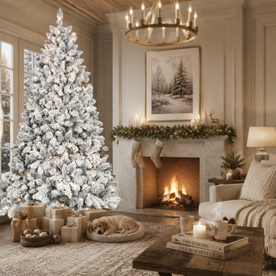 Arbre de Noël 6 pi avec 350 lumières UL et 35 pommes de pin naturelles - pointes en PVC enneigées, 888 pointes, structure articulée, support en métal stable, installation facile