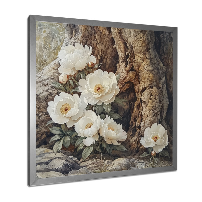 Pivoines près du vieux chêne I - pivoines, art mural, Reproduction encadrée d'une seule photo, Argent argent
